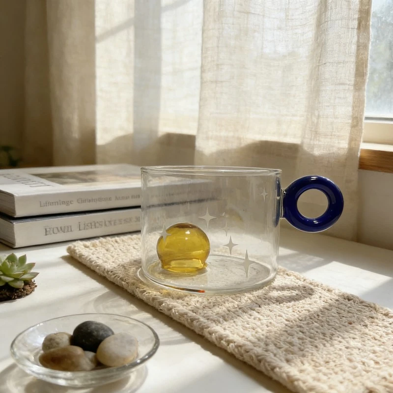 Floating Glass Ball Mug With Color Ring Handle